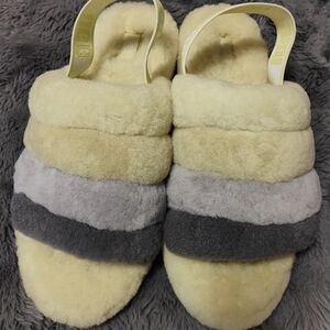 UGG Layered "Yeah" Plush Slide Slippers- Yellow, Gray, Charcoal, Size 10
